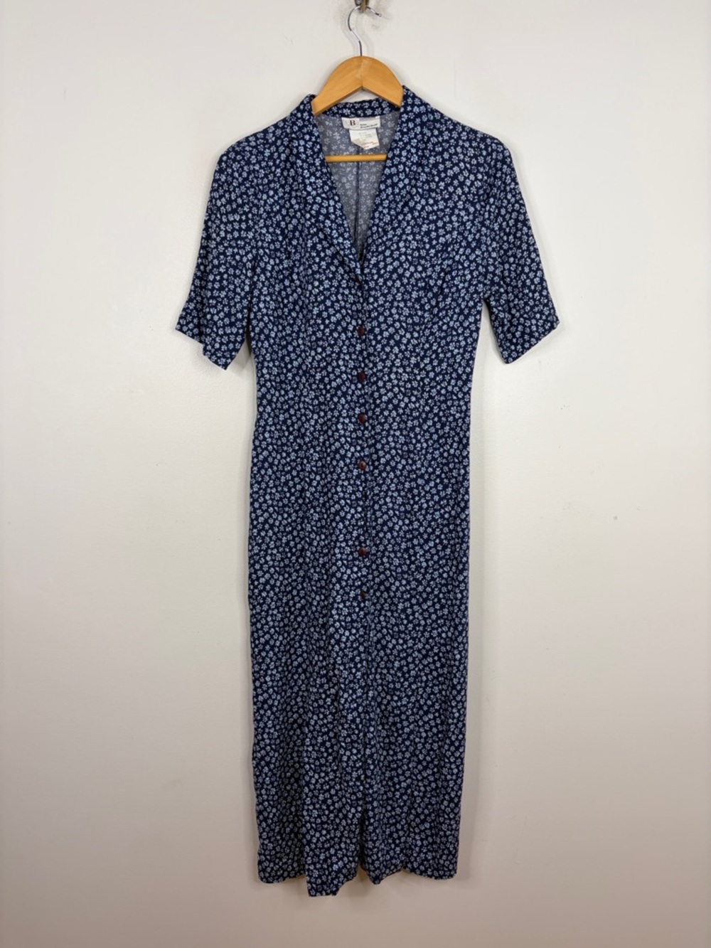 Vintage Dress Womens Small Navy Blue Floral Short Sleeve Long Midi Maxi 90s Y2K